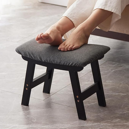 Foot Stool,Ottoman,Bamboo Small Sofa Foot Rest Under Desk,Extra Seating for Living Room, Bedroom and Kitchen (Black Stool Legs - Gray Surface)