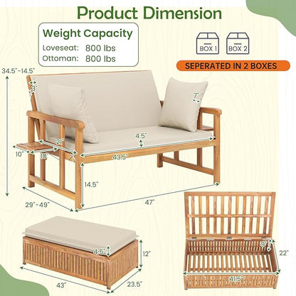 Tangkula Outdoor Acacia Wood Daybed with Storage Ottoman, Wood Patio Loveseat Sofa with 4-Level Backrest & Removable Cushions, 2 Folding Side Tables, Patio Recliner Lounger for Poolside, Backyard