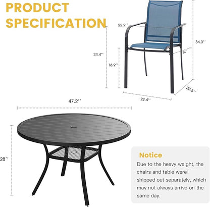 VICLLAX Patio Dining Set for 6, All Weather Metal Outdoor Furniture Set- 47" Round Patio Table and Chairs, Black Tabletop and Blue Fabric