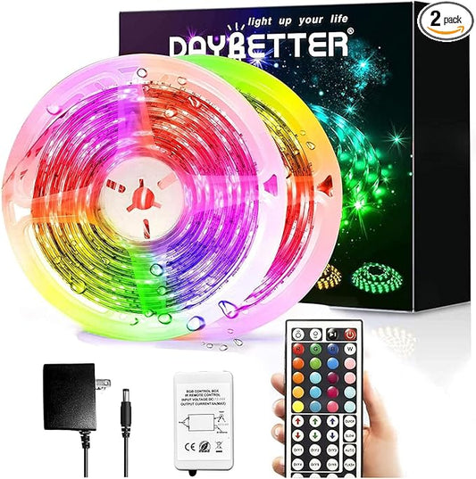 DAYBETTER Led Strip Lights Waterproof, 32.8ft(2 Rolls of 16.4ft) Led Tape Lights Color Changing 300 LEDs Light Strips Kit with 44 Keys Ir Remote Controller and 12v Power Supply for Indoor Outdoor Use