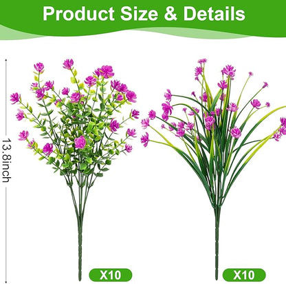 20 Bundles Artificial Flowers for Outdoors Fake Plastic Flowers UV Resistant Realistic Faux Plants Shrubs for Spring Summer Garden Porch Yard Patio Planter Window Box Home Decor, Fuchsia