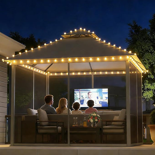 Aoxun 10x10 Outdoor Gazebo with 50FT LED Hanging Lights Metal Frame Canopy with Double Roofs Heavy Duty Party Tent and Shelter with Mosquito Netting and Privacy Screen for Backyard, Lawn, Garden(Gray)