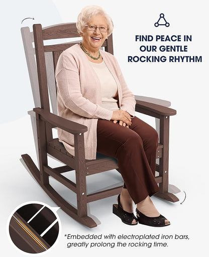 Rocking Chair for Patio, HDPE Plastic, Coffee Brown, 350 lb Capacity