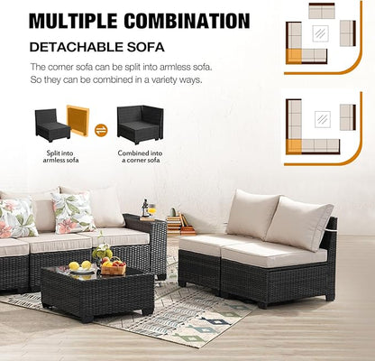 10 Pieces Patio Furniture Set All-Weather Outdoor Wicker Sectional Conversation Sofa Rattan Patio Seating Sofa with Cushion and Glass Table for Porch Poolside,Beige