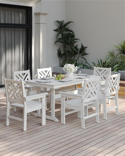 7-Piece Outdoor Dining Set, HDPE All-Weather Patio Table and Chairs Set for 6, Outdoor Patio Furniture Sets with Umbrella Hole for Outside, Deck, Backyard, Garden (White)