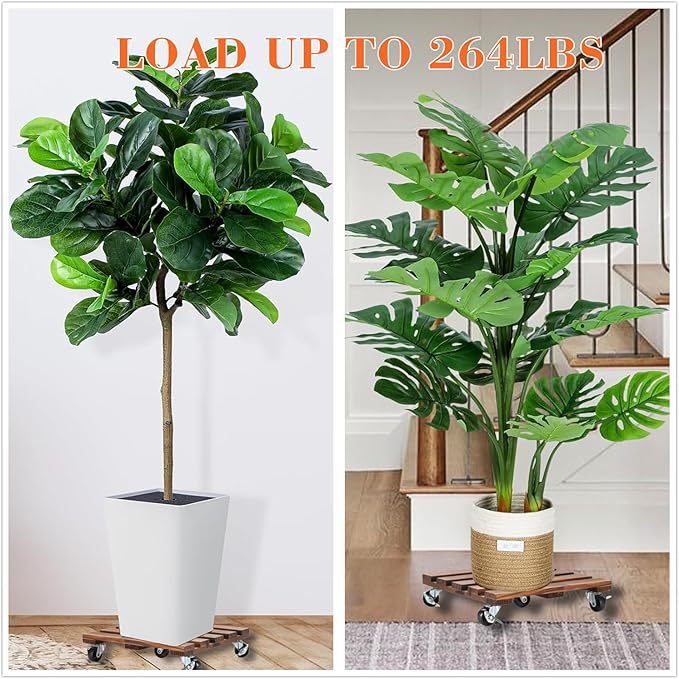 2 Pack Plant Caddy with Wheels, 14" + 12" Rolling Plant Stand 264 LBS Heavy Duty Wooden Square Plant Dolly with Metal 360° Lockable Caster Wheels for Outdoor Indoor Large Plant Pots, Flower Pot, Patio