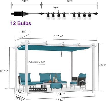 PURPLE LEAF 10' x 13' Outdoor Aluminum Pergola White Heavy-Duty Retractable Pergola Patio Metal with Double Sun Shade Canopy and Light for Backyard Gardens Deck, Blue