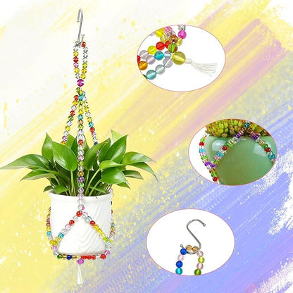 2 Pack Macrame Plant Hangers with 2 Hooks, 17.9inch/16.7inch Handmade Glass Bead Hanging Planter for Indoor Outdoor Bohemian Home Garden Decor