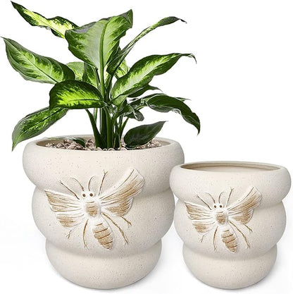 Terracotta Pots with Drainage Holes Bee Decor, Ceramic Pots for Indoor Plants Flower Pots Outdoor, Succulent, Herbs, Snake Plants (Beige, 8+6 Inch)