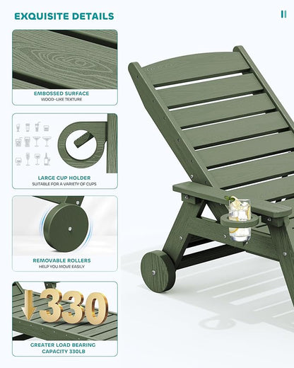 SERWALL Patio Chaise Lounge Chair Set of 2, 78'' Long 5-Positions Adjustable HDPE Outdoor Lounger for Pool, Poly Lounge Chair with Rolling Wheels & Cup Holder for Poolside, Deck, Avocado Green