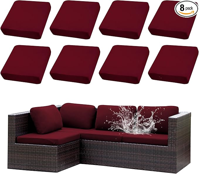 Cushion Covers, 8-Piece Stretch Patio Slipcover Set in Wine Red