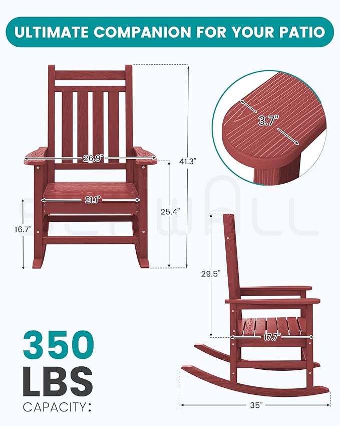 Rocking Chairs, 2-Pack Crimson Red HDPE Patio Rockers with 350 lb Capacity