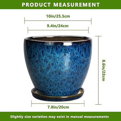 10 Inch Ceramic Planter Pot Round Plant Pot for Indoor Plants Outdoor Large Flower Pot with Drainage Hole and Saucer Blue