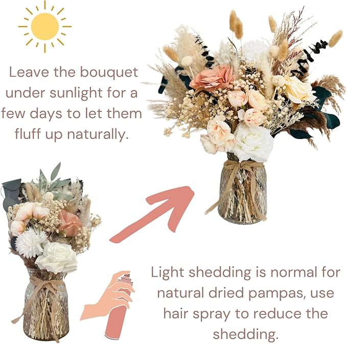 Artificial Flowers with Dried Pampas and Vase, 100 Pieces, Neutral