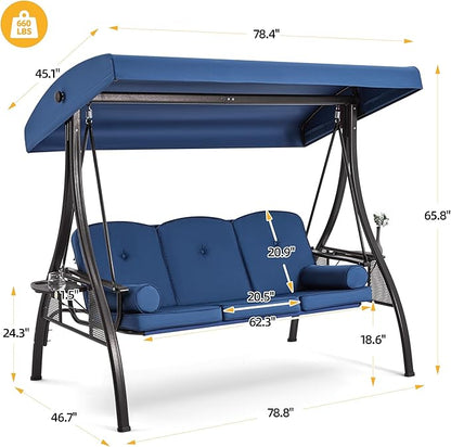 HOMREST 3 Seat Outdoor Porch Swing with 1.5" Deepened Cup Holder, Adjustable Canopy, Patio Swing Bed with Stand, Patio Glider Swing with Thicken Cushions, Pillow for Yard, Garden(Blue)
