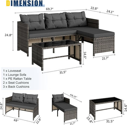 Vongrasig 3 Pieces Patio Furniture Sets, All-Weather Wicker Outdoor Sofa Couch Sectional Set, Small Conversation Set for Patio, Garden w/Cushion, Glass Table, (Grey)