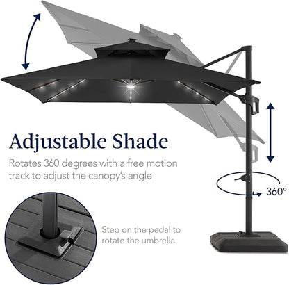 Best Choice Products 9x12ft LED Cantilever Patio Umbrella w/Base Included & 360° Rotation, Large Solar Offset Hanging Outdoor Sun Shade for Deck, Backyard Table w/Stand & Lights – Gray