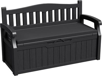 Greesum 80 Gallon Outdoor Storage Bench Deck Box with Cushion & Armrest, Lockable, Waterproof UV Resistant, Comfortable Seating for Patio, Pool, Garden, Black