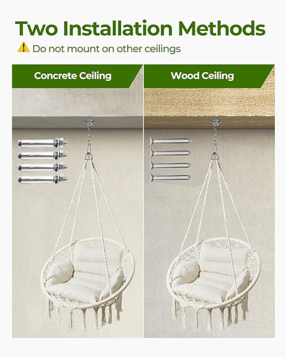 Greenstell Hammock Chair, Macrame Swing Chair with Comfy Cushion, Boho Hanging Chair for Outdoor & Indoor, Perfect for Bedroom, Patio, Balcony, Hold up to 350Lbs, Beige