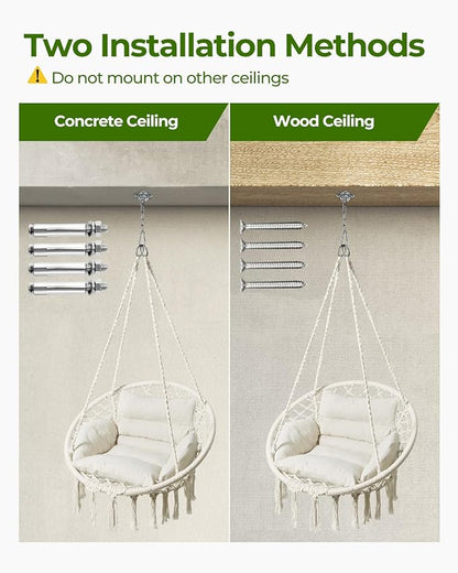 Greenstell Hammock Chair, Macrame Swing Chair with Comfy Cushion, Boho Hanging Chair for Outdoor & Indoor, Perfect for Bedroom, Patio, Balcony, Hold up to 330Lbs, Beige