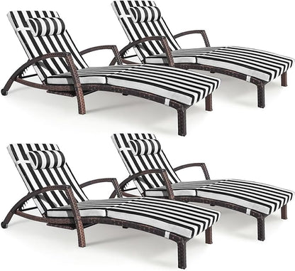 Chaise Lounge Chairs Outdoor Set of 4, Comfy Outside Wicker Patio Pool Lounge Chair w/ 5 Adjustable Back Angle, Cup Holder, Thicken Cushion