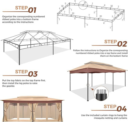 COBIZI Gazebo 12x20 Heavy Duty Gazebos with Curtain and Netting Outdoor Gazebo Canopy Double Roof Patio Gazebos with Metal Steel Frame for Patio, Deck, Backyard-Khaki