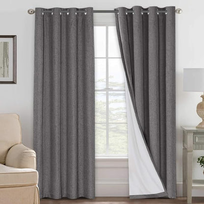 H.VERSAILTEX Linen Blackout Curtains 108 Inches Long 100% Absolutely Blackout Thermal Insulated Textured Linen Look Curtain Draperies Anti-Rust Grommet, Energy Saving with White Liner, 2 Panels, Grey