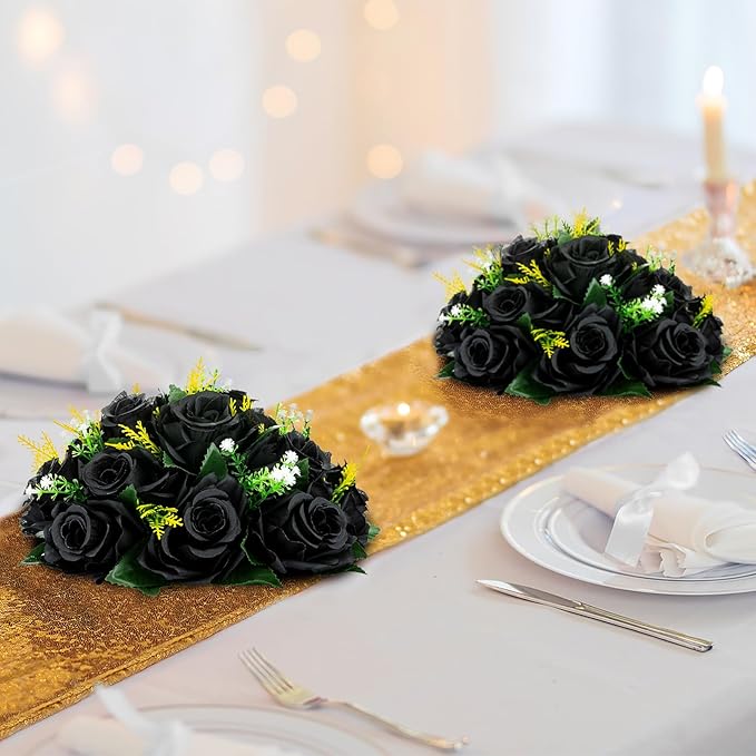 Artificial Flower Ball Centerpiece, 10 Pack, Black Silk Roses