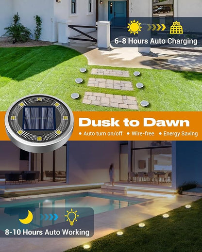 btfarm 16 Pack Solar Lights Outdoor, 8 LED Solar Ground Lights IP65 Waterproof Flat Solar Disc Light, Pathway Lights for Garden Lawn Patio Yard Path Landscape, Warm White
