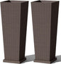 Greesum Set of 2 Tall Plastic Planters with Saucer, 32 Inch Large Pots with Drainage Trays, Weather-Resistant Plastic Plant Containers for Patio, Porch, Garden,Brown