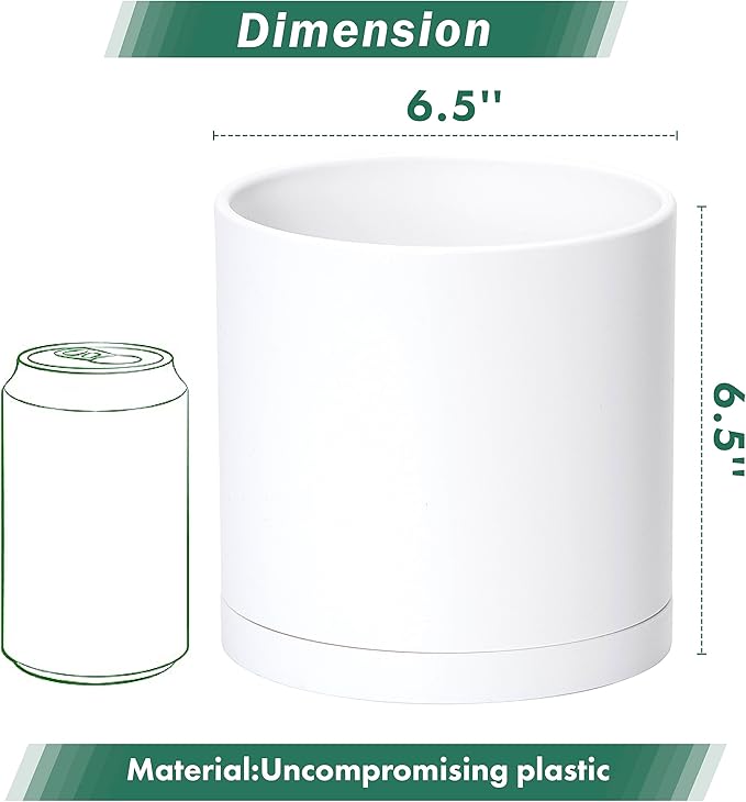 Planters 4 Pack 6.5 Inch Matte White Plastic Pots with Saucers