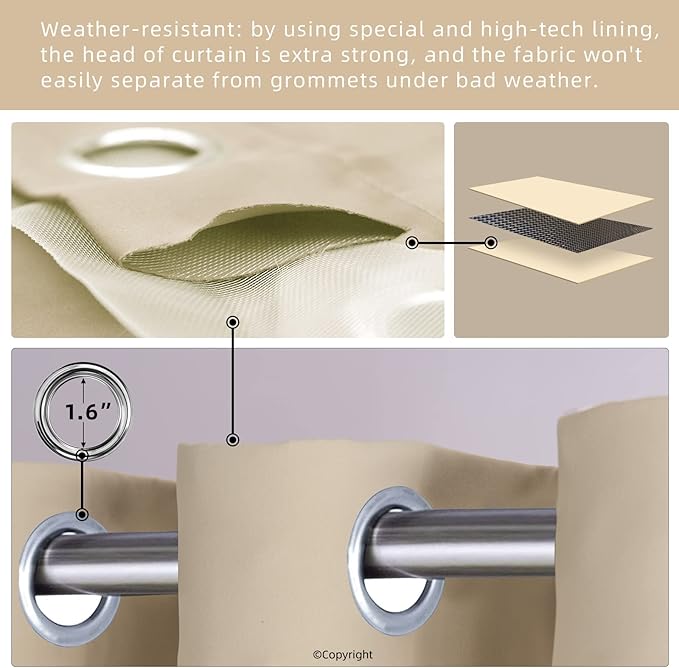 DIVA EN CAMINO DEC Outdoor Patio Curtain Waterproof Darkening Thermal Insulated Indoor Curtains for Bedroom, Porch, Living Room, Pergola, Cabana, W52 x L95, Beige, Set of 2 Panels