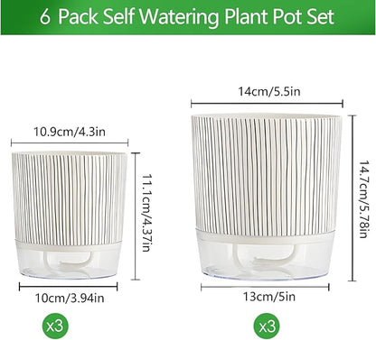 6 Pack Self Watering Pots for Indoor Plants, Flower Planters with Wick Rope & Reservoir, 4" + 5.5" Plastic Pots for African Violet, Orchid, Succulent, Herbs
