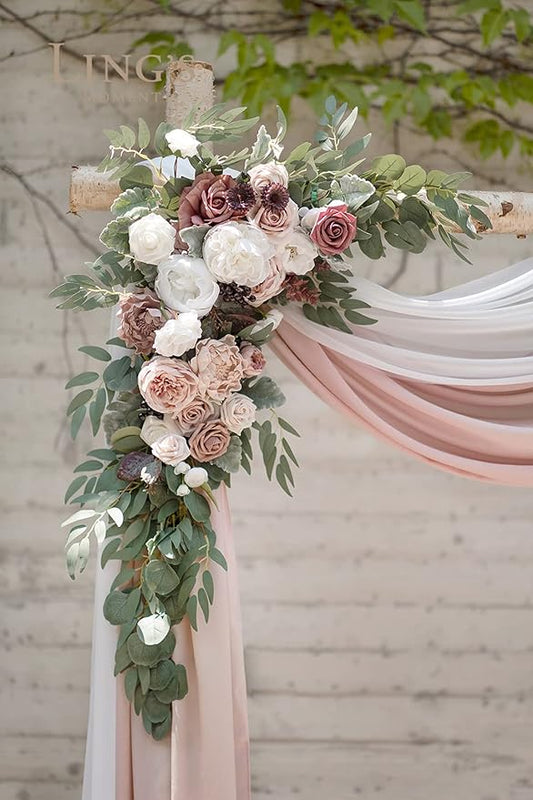 Artificial Flowers Wedding Arch Kit, Dusty Rose Mauve with Sheer Drapes