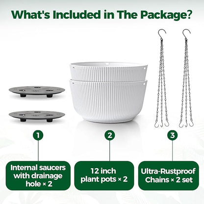 T4U 12 Inch Large Hanging Planters for Indoor Plants, 2 Pack Self Watering Pots Indoor, Hanging Baskets for Plants,Hanging Flower Pot with Drainage Hole and Plant Hanger, White