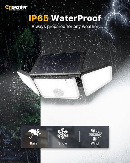 Ensenior Solar Lights Outdoor Motion Sensor, 2600LM 220 LED High Brightness, 3 Head 270° Wide Angle Flood Lights, Remote Control Security Lights 4 Modes, IP65 Waterproof Wireless Wall Light, 3 Pack
