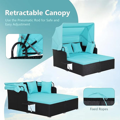 COSTWAY Outdoor Daybed with Retractable Canopy, Wicker Patio Furniture Set with Cushioned Pillows, Patio Rattan Daybed for Deck, Backyard, Poolside (Turquoise)