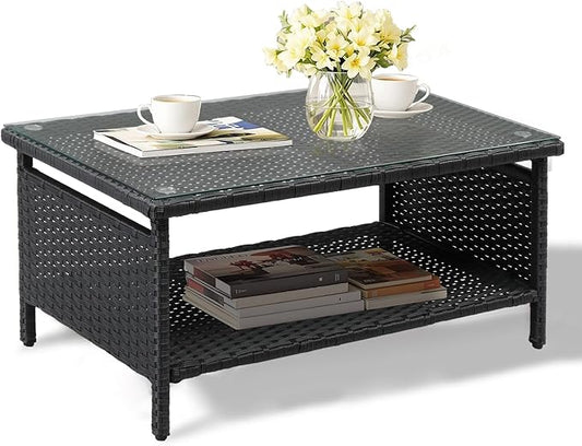 VINGLI Outdoor Wicker CoffeeTable Patio Coffee Tables for Outside, Tempered Glass Top Wicker Table with Storage Coffee Table for Patio Balcony Porch Deck (Black)