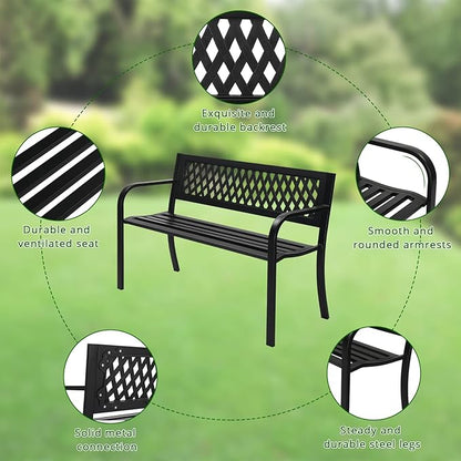 VINGLI 47'' Outdoor Bench, Weather Resistant Garden Patio Bench Powder Coated Iron Frame w/PVC Mesh Backrest Slatted Seat, 2-Person Outdoor Furniture for Front Porch Entryway Park (Black)