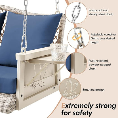 Upgraded Wicker Hanging Porch Swing Heavy Duty 900 LBS 3-Seat Outdoor Patio Swing Chair Bench for Adult w/ 8.9ft Hanging Chains Cushions and Cup Holder(Grey/Blue)