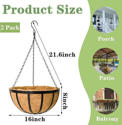 Black Flat Iron Metal Hanging Planter Basket with Coco Coir Liner(2 Pack, 16 Inch) Hanging Planters for Outdoor Plants Round Plant Flower Pots Hanging Flower Basket for Outdoor Patio Garden Decoration