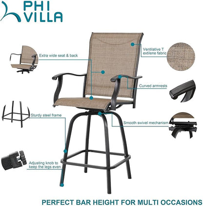 PHI VILLA 3 PCS Patio Swivel Bar Set Outdoor Furniture Bar Height Bistro Set, 2 Bar Stools and 1 Table, High Top Table and Chairs Set of 2 for Garden Porch Backyard