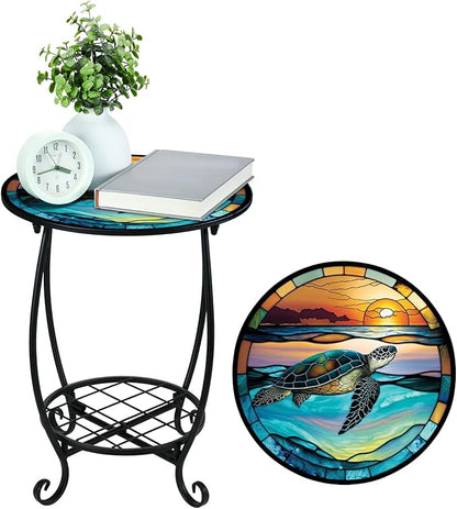 Outdoor Side Table Round Small Mosaic Patio Accent Indoor End Plant Coffee Tea Table for Yard Patio Porch Garden Living Room, Bedroom(Turtle Style,14 Inch)