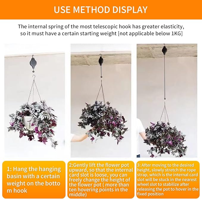 3Pack Retractable Plant Hanger Pulley System with Adjustable Rope Clips-Heavy-Duty for Indoor & Sheltered Outdoor Use(Max 15kg)