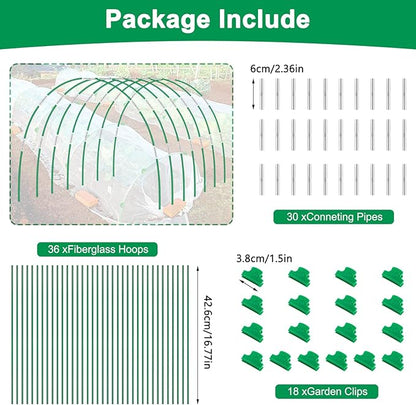 Greenhouse Hoops Grow Tunnel, 6 Sets of 8FT Long Garden Hoops for Raised Beds, Rust-Free Fiberglass Support Hoops Frame for Garden Netting, DIY Plant Support Garden Stakes for Row Cover, 36 Pcs