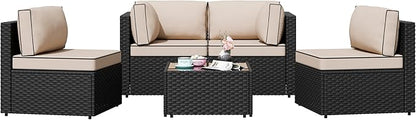 Shintenchi 5 Pieces Outdoor Patio Sectional Sofa Couch, Black PE Wicker Furniture Sets, Patio Conversation Sets with Washable Cushions Glass Coffee Table for Garden, Poolside, Backyard,(Khaki)