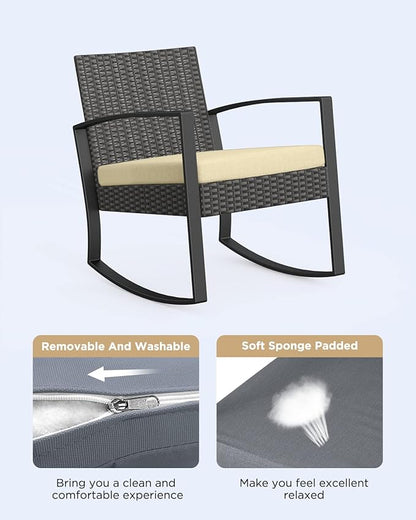 3 Pieces Porch Furniture Set Patio Rocking Bistro Set Outdoor Patio Chairs Rattan Conversation Sets with Coffee Table for Front Porch Garden Balcony Backyard Poolside (Beige Cushion)