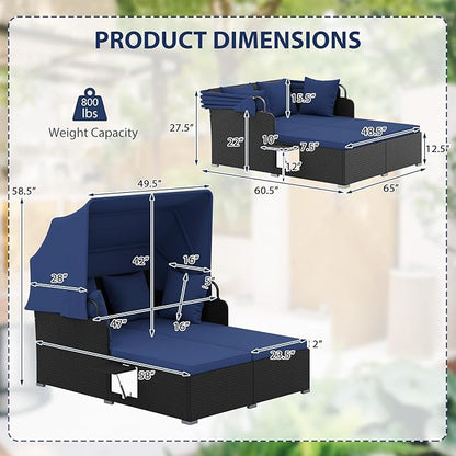ORALNER Outdoor Daybed, 2-Person Wicker Patio Sofa with Retractable Canopy, Cushions & Pillows, 2 Side Trays, PE Rattan Sunbed Double Lounger for Deck Poolside Garden Balcony (Navy)