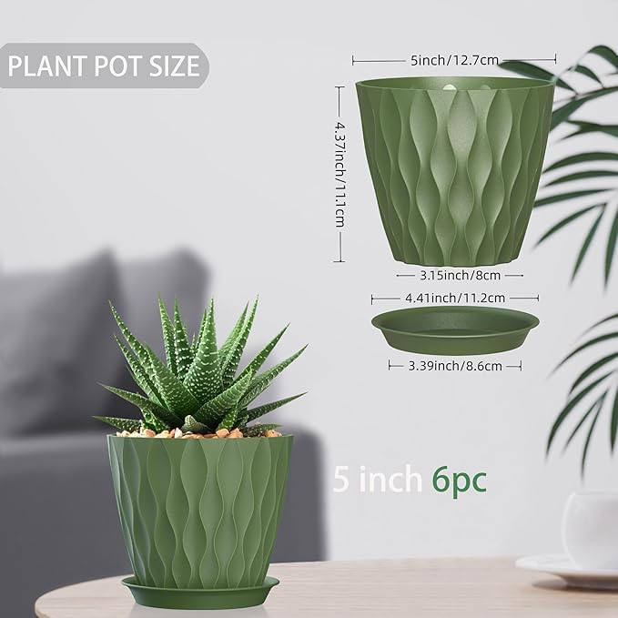 5 Inch Planter Pots, 6 Pack Indoor Planters, Small Flower Pots with Drainage Holes and Tray for Succulents, Orchids, Herbs and Other Indoor Plants (Green, 5inch)