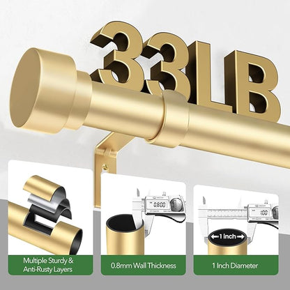 Curtain Rods for Windows 48 to 84, 1 Inch Adjustable Gold Heavy Duty Long Window Curtain Rod, Modern Style Drapery Rods with End Caps, Size 32" - 90"